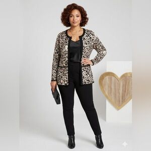 Belldini Bold Leopard Fitted Cardigan Plus Sz 2X Black Tan Mobwife Classic Glam